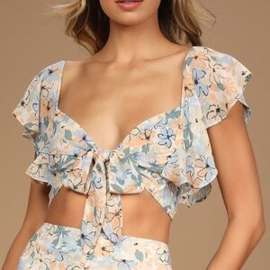 Lulus Bloom Baby Bloom Cream Multi Floral Print Tie-front Crop Top Blue - Size S